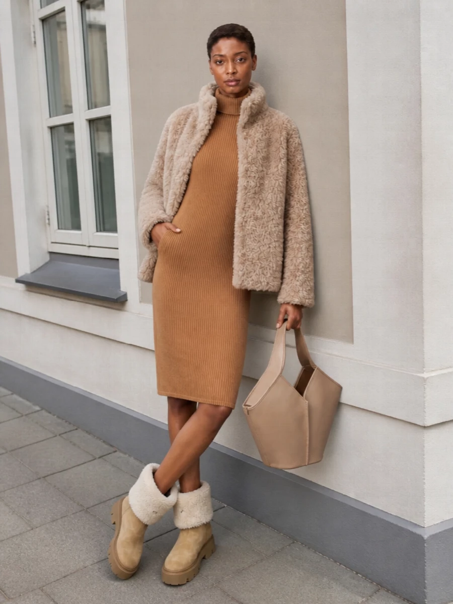 Max mara camel sweater dress shearling coat