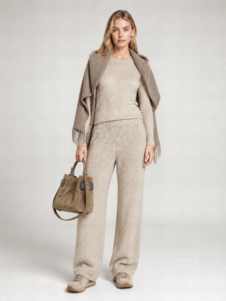 Brunello Cucinelli Wool Mohair Sequin Openwork Wide-Leg Lounge Trousers