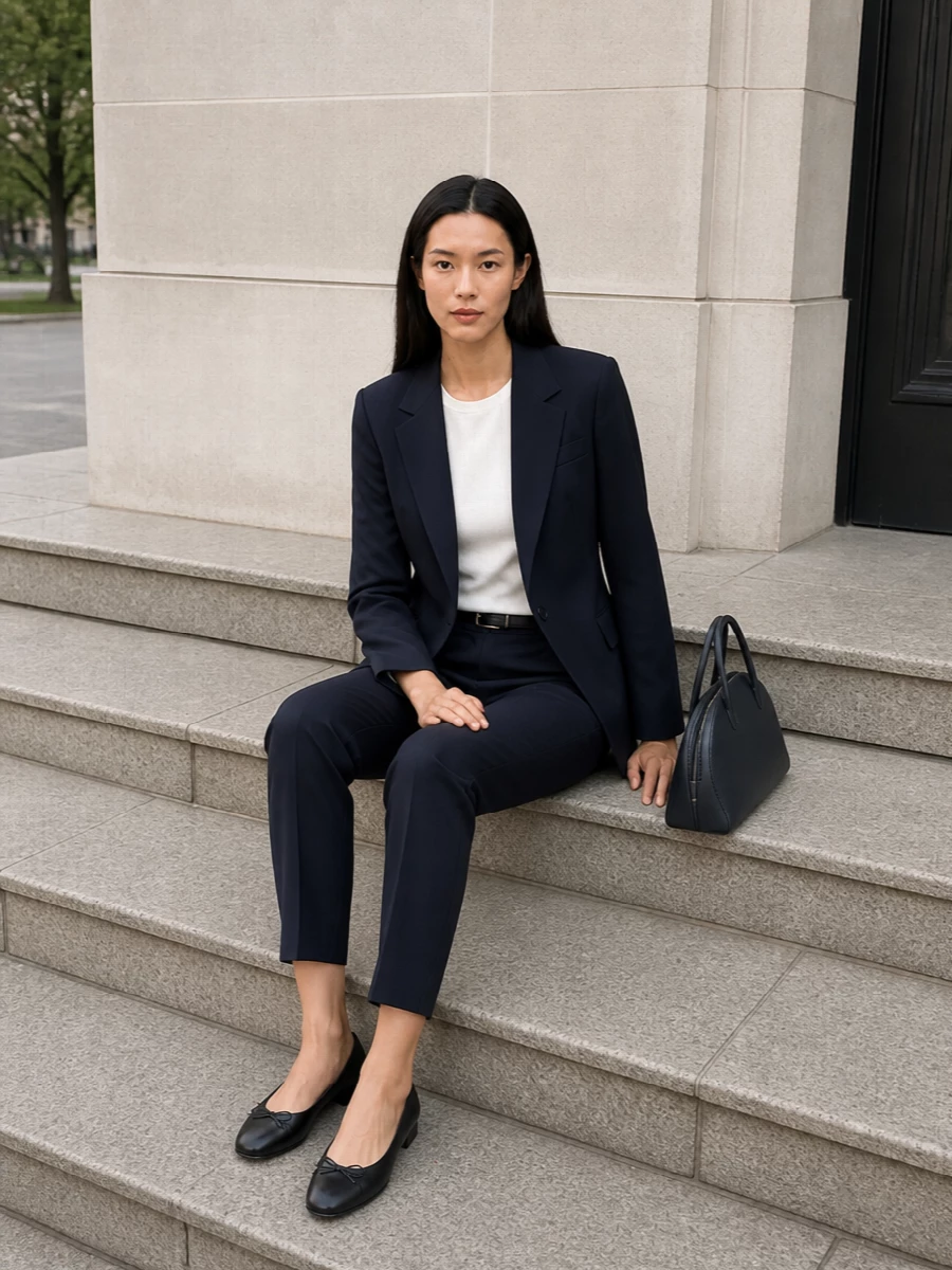 A midnight-navy trouser suit anchored with a sharp single-breasted blazer creates a precise, elongated line that feels quietly confident for serious days. A low black block-heel pump and sculptural navy bag keep the palette tightly edited while staying practical. The slim black belt subtly defines the high waist, sharpening the silhouette without adding noise.