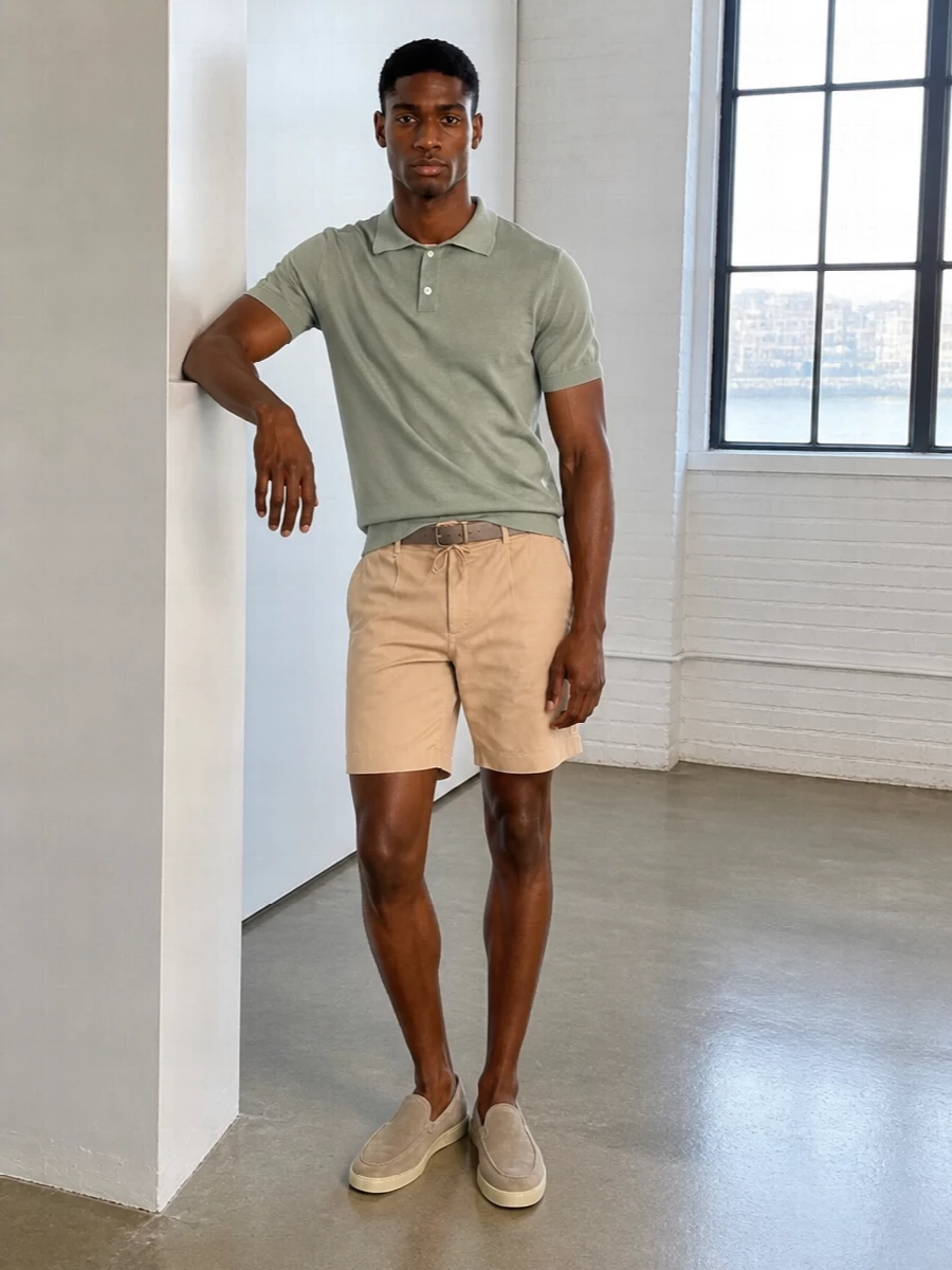 Woolrich sand shorts sage knit polo outfit