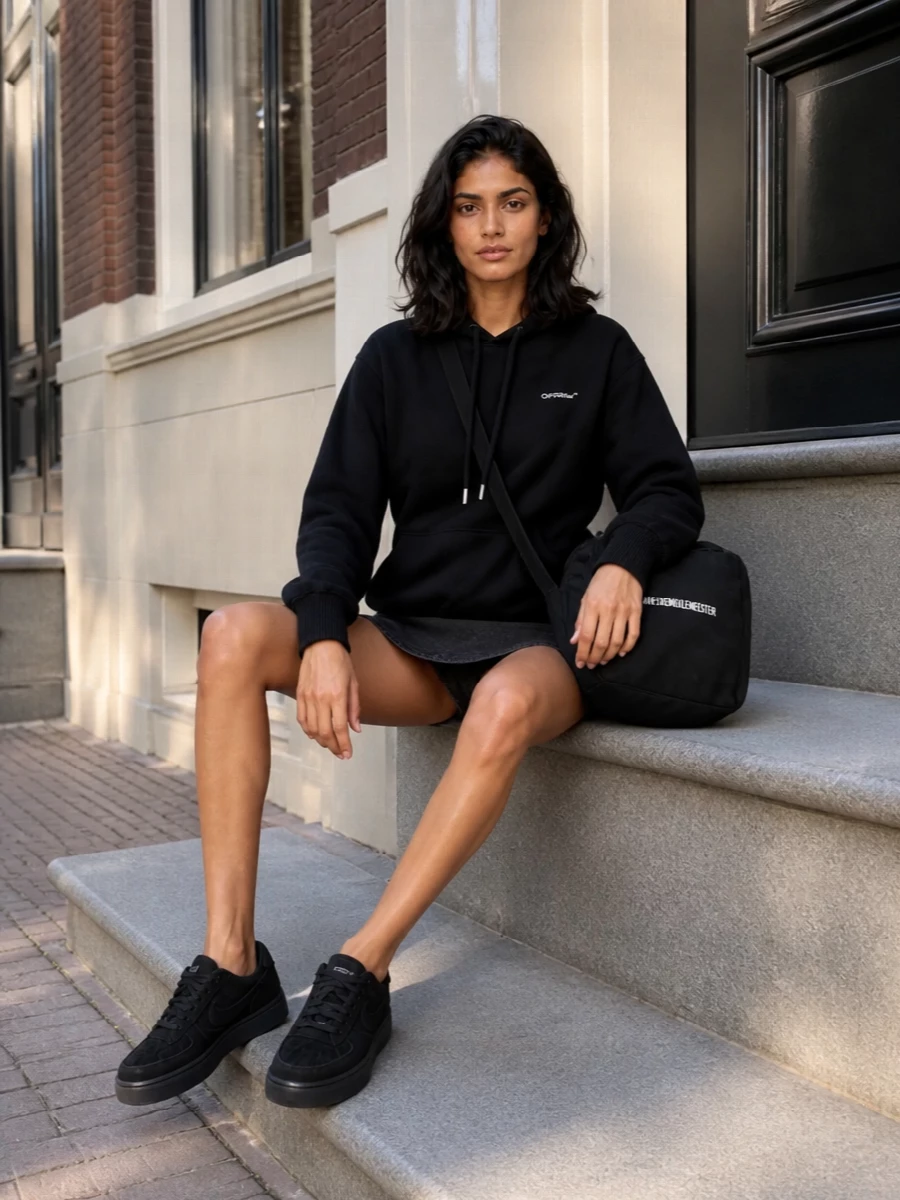 Off white hoodie mini dress nike sneakers outfit