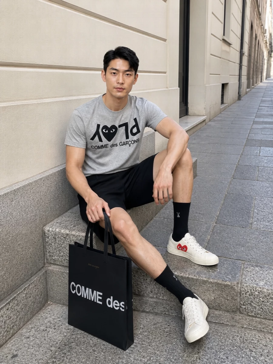 Comme des garcons play tee black tailored shorts