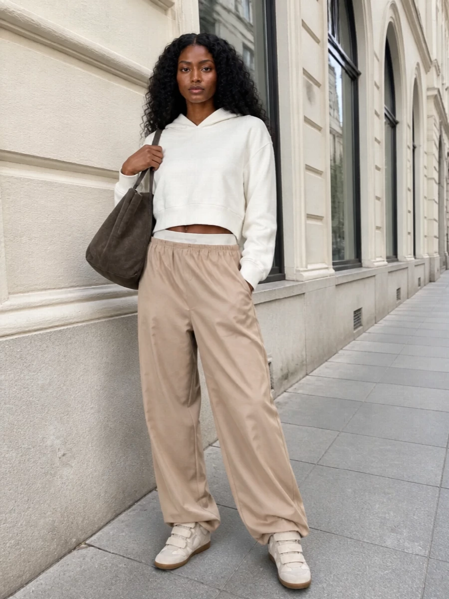 This is a neutral, sport-leaning city uniform built around proportion and ease: a cropped ivory hoodie up top with long, fluid sand wide-leg trousers and the wedge sneakers elongating everything. The athletic waistband and pooling hem keep the silhouette relaxed yet intentional, while the suede hobo adds soft structure and texture without disrupting the tonal calm. Choosing separates over a dress lets the sneakers stay firmly in their off-duty, model-off-duty world rather than being forced into a more tailored context.