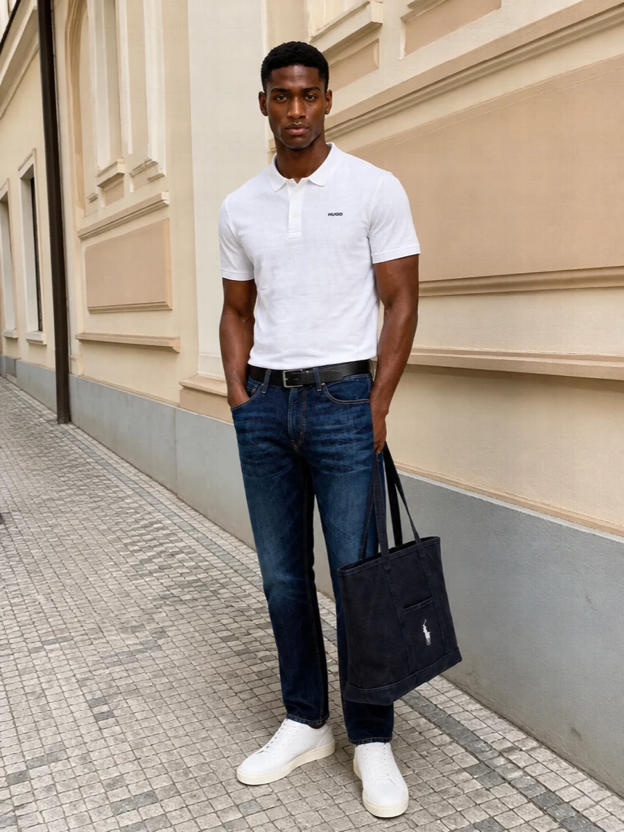 Hugo polo dark indigo jeans white sneakers