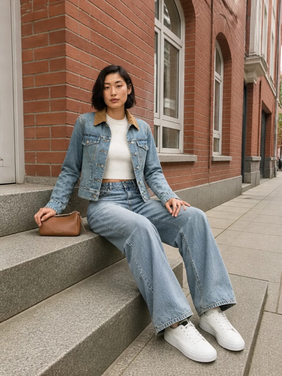Alexander mcqueen denim jacket wide leg jeans outfit
