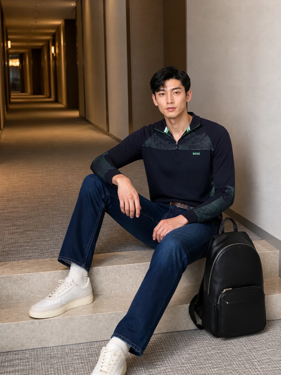Boss half zip dark jeans cream sneakers