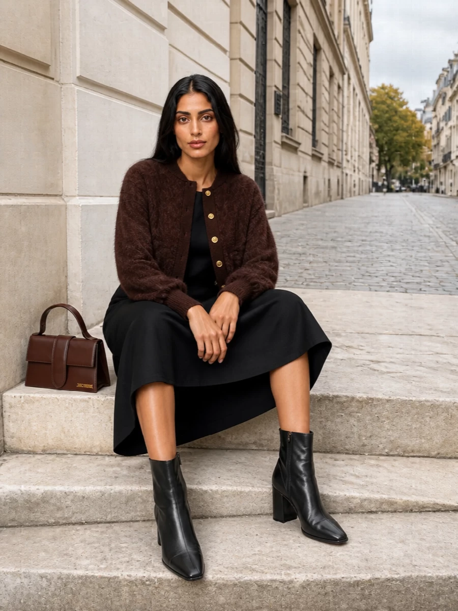 I am deliberately taking the dress route here, letting a sharp black midi underpin the fuzzy cropped cardigan for a precise yet soft evening pairing. The tailored A-line, block-heel boots and small structured bag keep the proportions long and clean while the chocolate and black palette feels quietly expensive and season-right. It is city dinner or gallery-night polish that still reads warm and cocooning thanks to the texture of the Sportmax jacket.