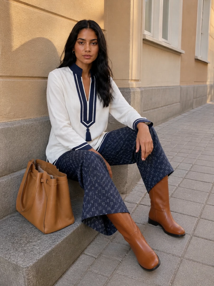 Tory burch navy wide leg trousers tunic boots