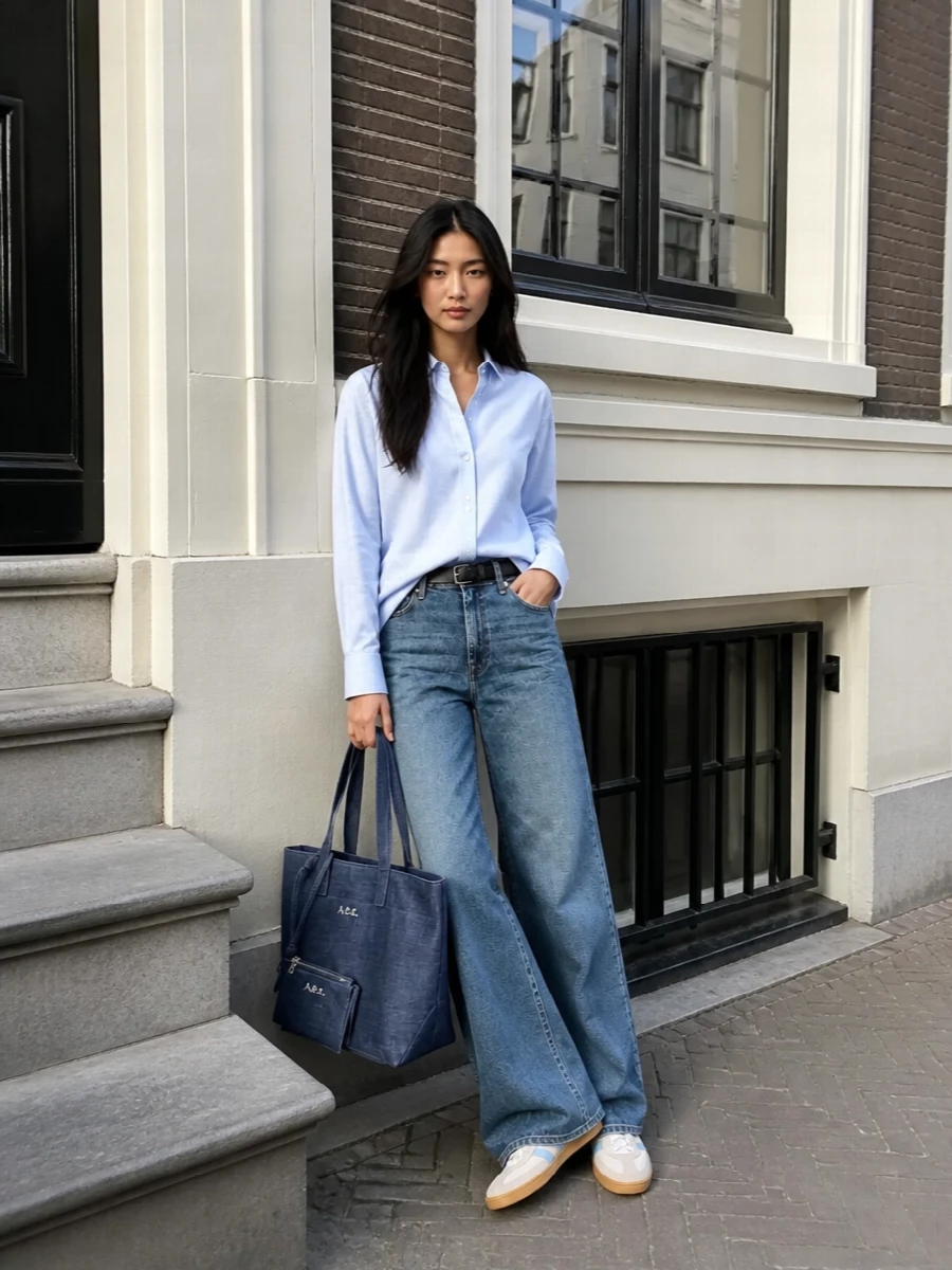 A pale blue menswear-style shirt is half-tucked into mid-indigo wide-leg denim for a clean, borrowed-from-the-boys take on double blue. Retro suede sneakers keep it relaxed and grounded, while a structured denim tote and slim black belt add just enough polish for city days. The result is easy, minimal and quietly preppy, ideal for everything from coffee runs to casual Fridays.