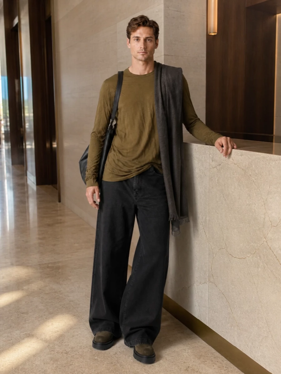 Rick owens wide leg jeans olive boots outfit