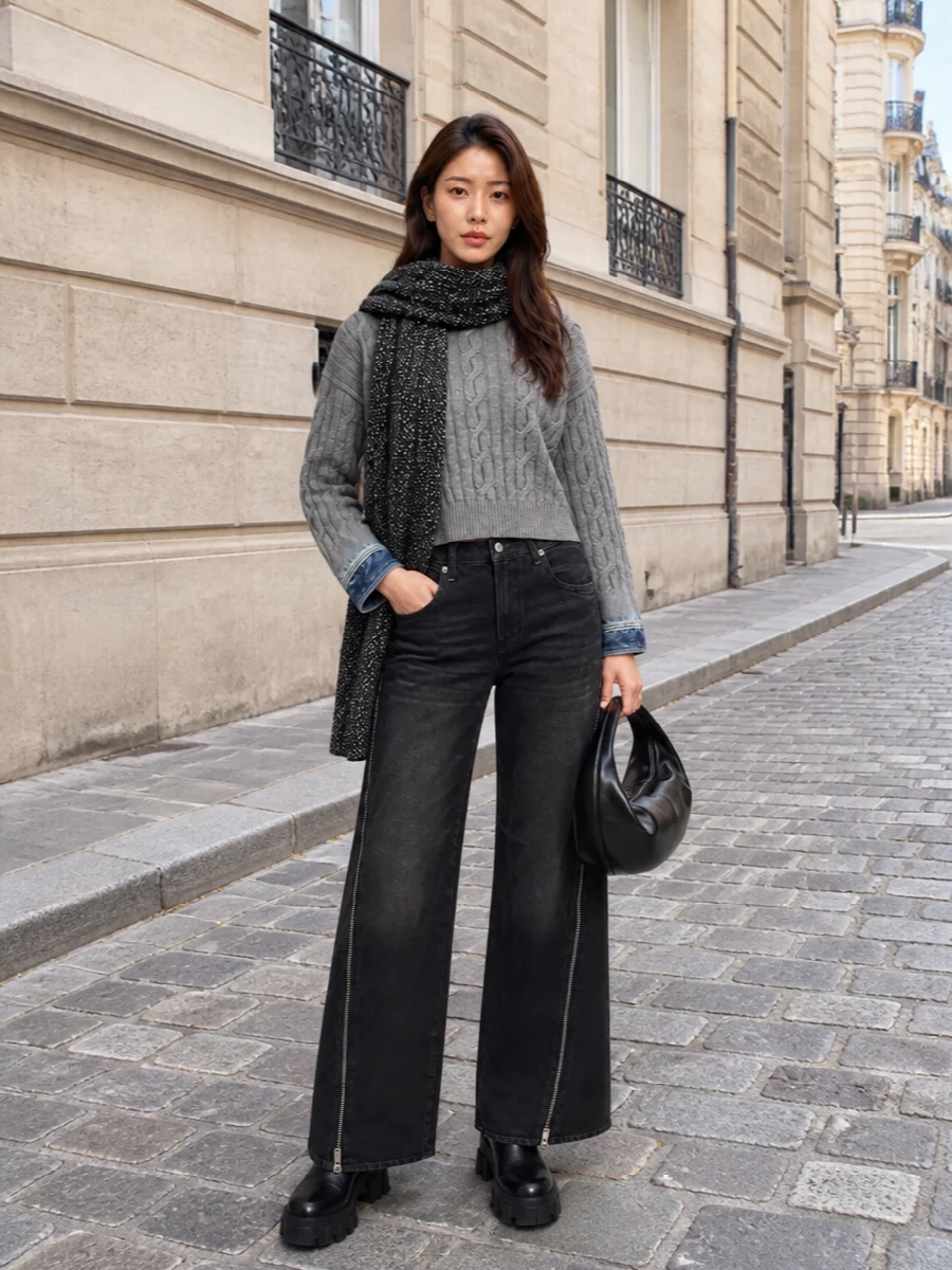 Haikure grey cropped sweater black wide leg jeans