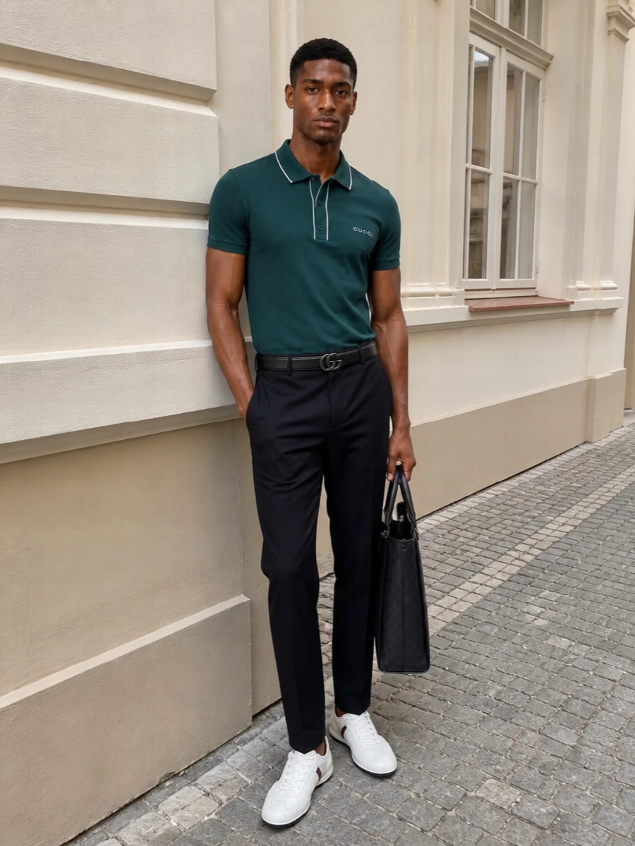 Gucci teal polo navy trousers sneakers