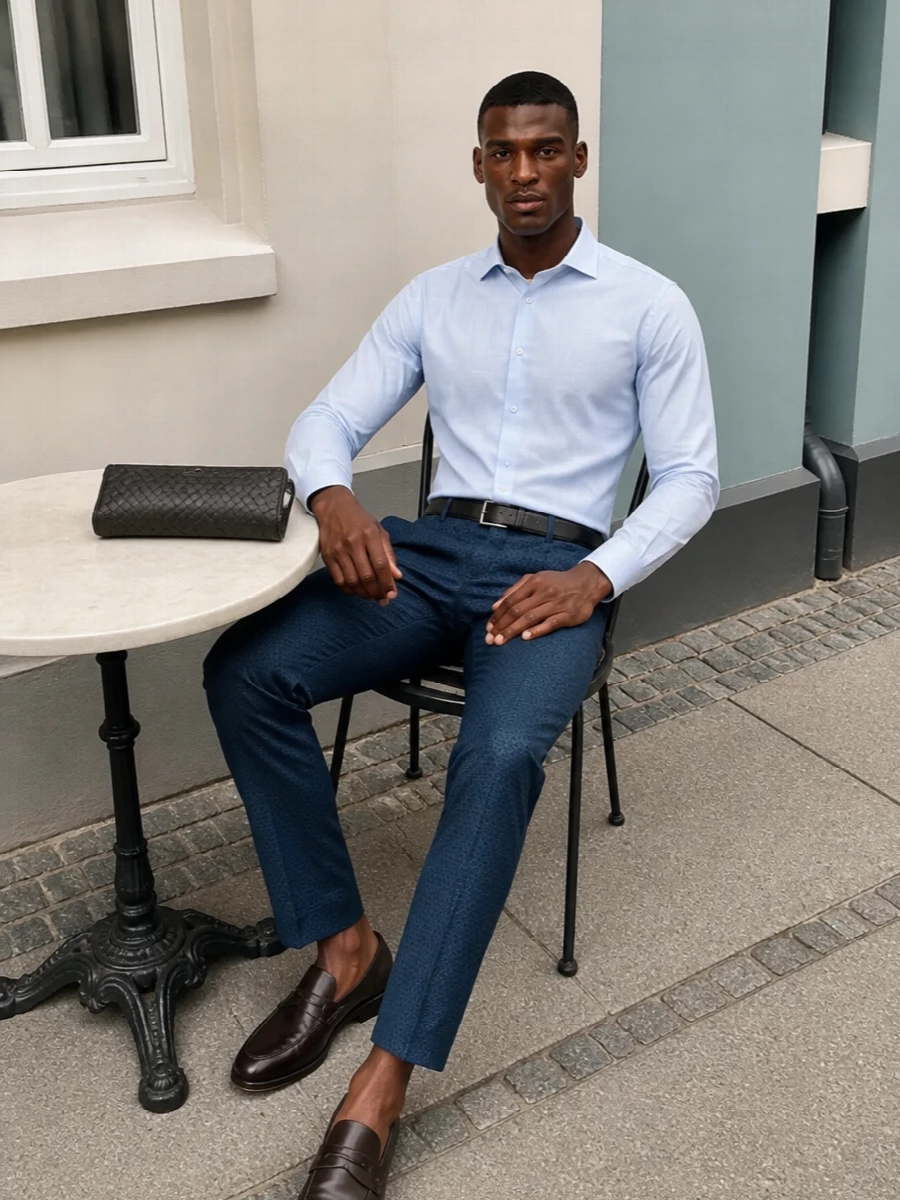 Etro teal trousers pale blue shirt loafers