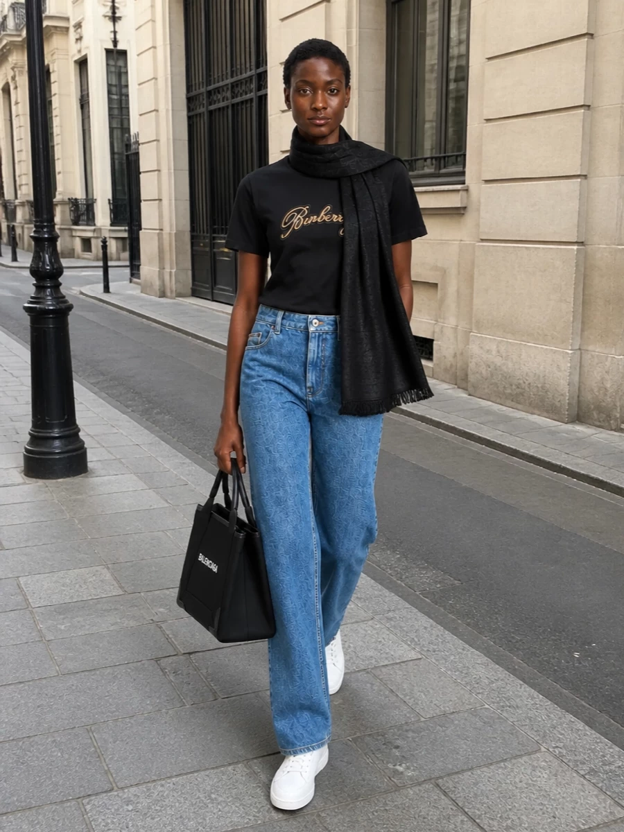 Burberry logo t shirt denim outfit balenciaga tote
