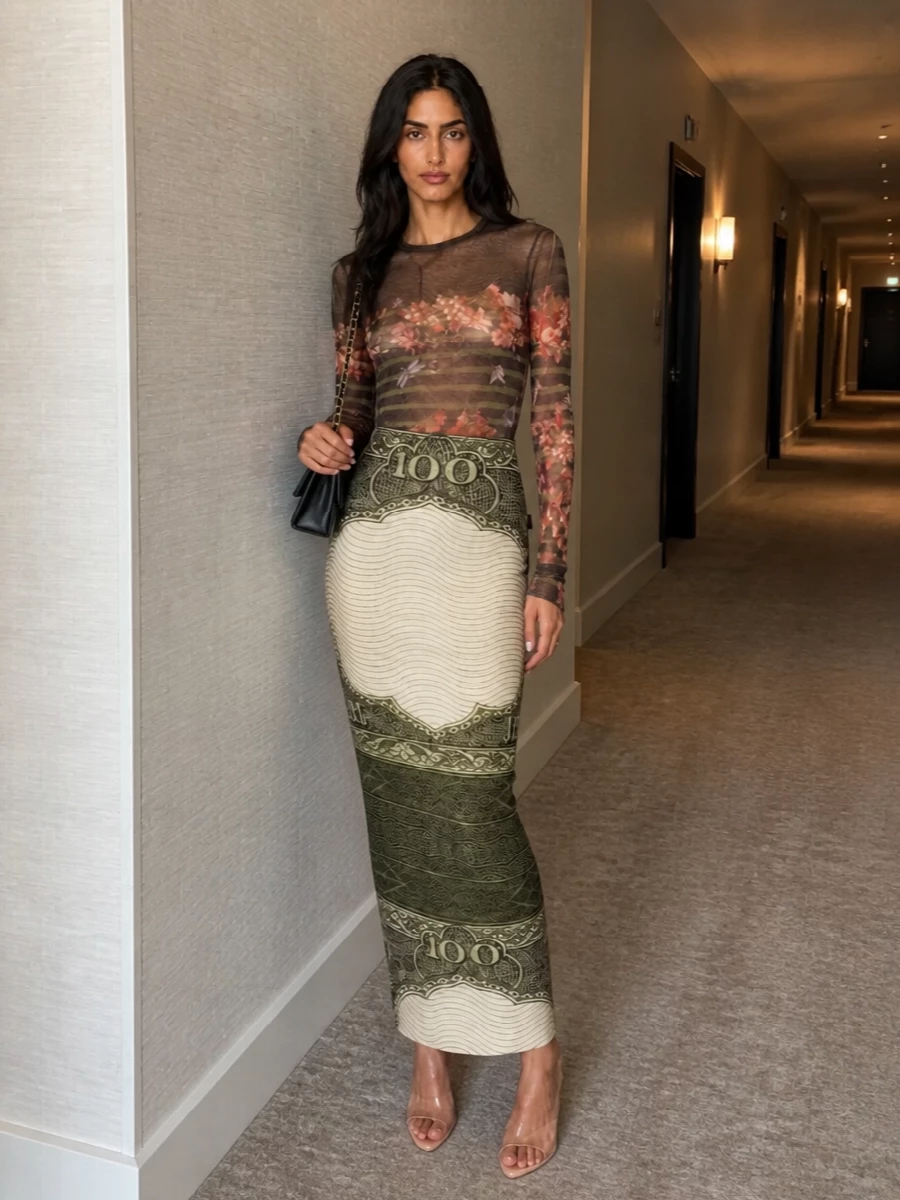Jean paul gaultier mesh top banknote midi skirt
