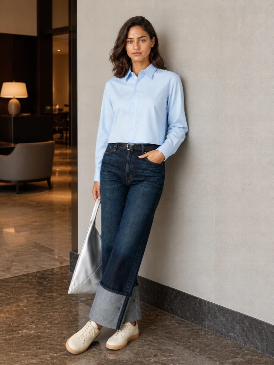 Dark indigo, cuffed denim is paired with a crisp pale blue poplin shirt for a clean, modern take on double denim. Soft butter sneakers keep it relaxed and city-ready, while a sculptural silver tote and slim black belt add just enough structure and contrast. The result is a quietly graphic daytime outfit that moves from coffee runs to low-key evenings without needing a change.