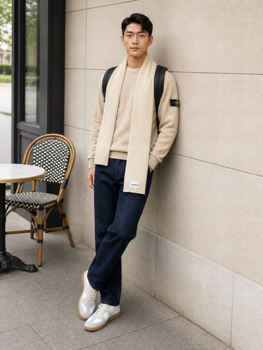 Stone island beige sweater indigo jeans margiela
