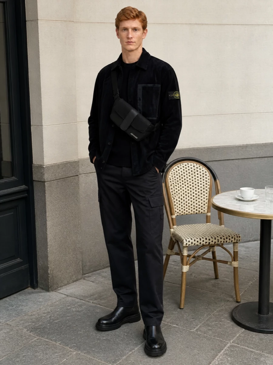 Stone island black shirt jacket cargo outfit