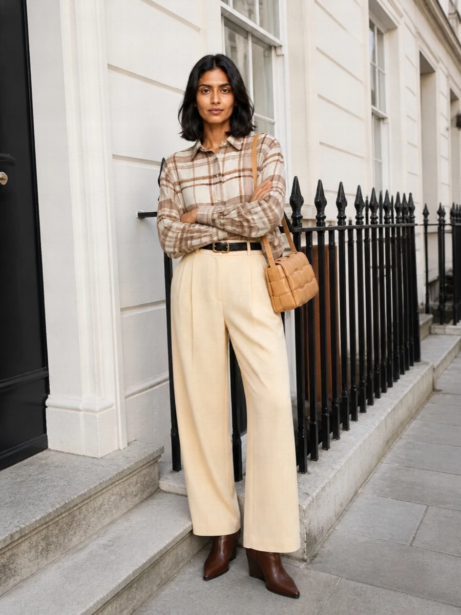 A relaxed Brunello Cucinelli plaid shirt is grounded by high-waisted, fluid Max Mara trousers for a long, calm line in warm creams and camel. Chocolate wedge boots add depth without heaviness, while a caramel Bottega cross-body and a slim braided belt finish the outfit with quiet structure. The result is polished enough for a smart day in the city yet soft and understated in mood.