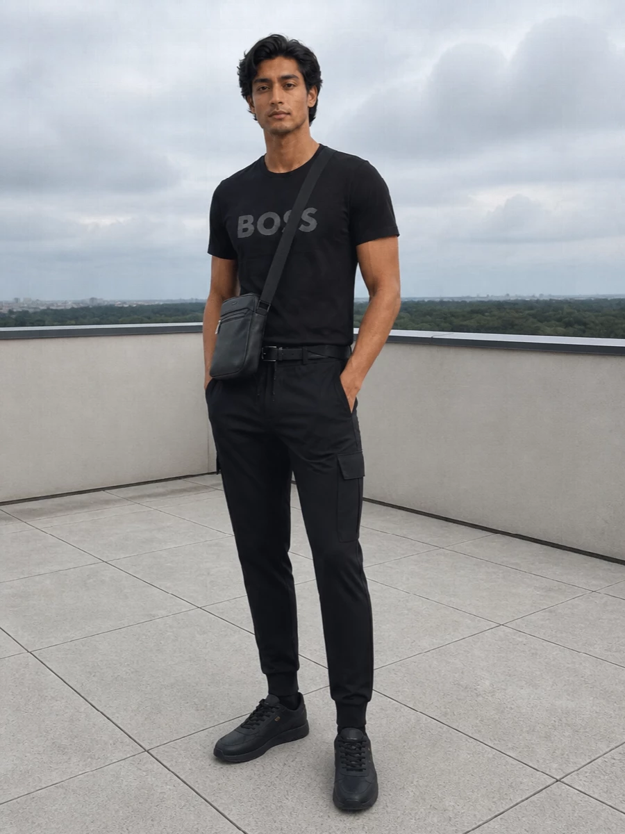Boss black logo tee with track pants sneakers