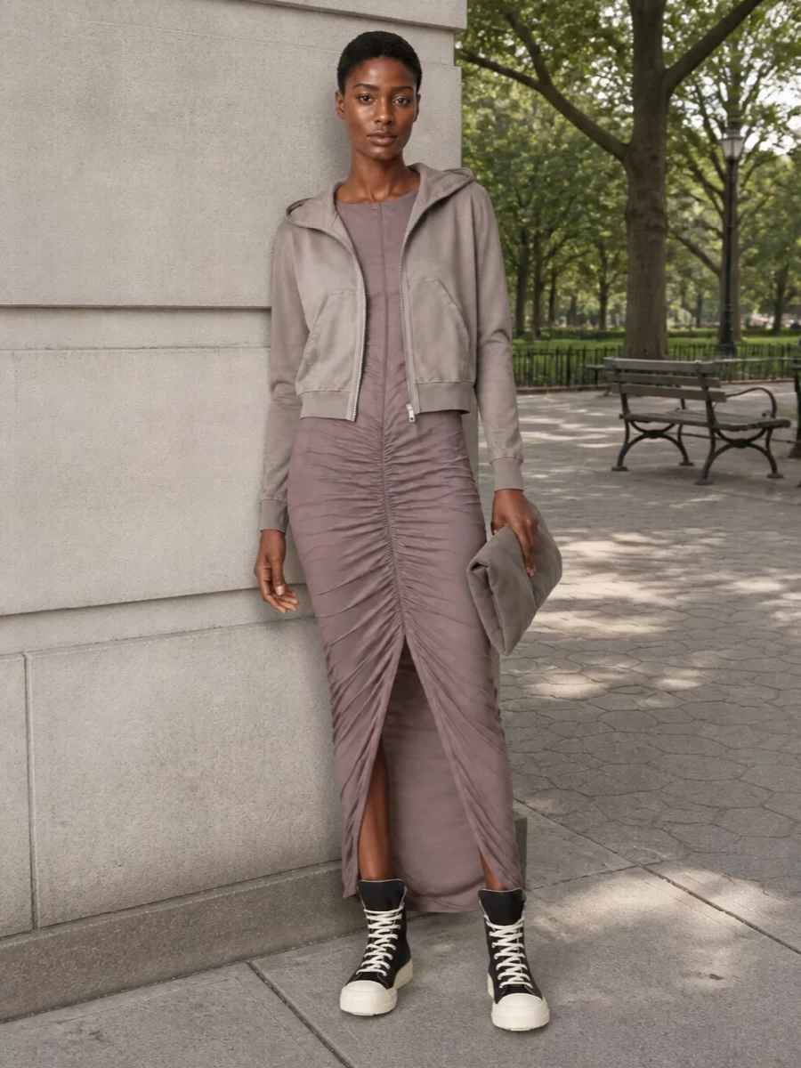 Rick owens taupe hoodie ruched midi dress outfit