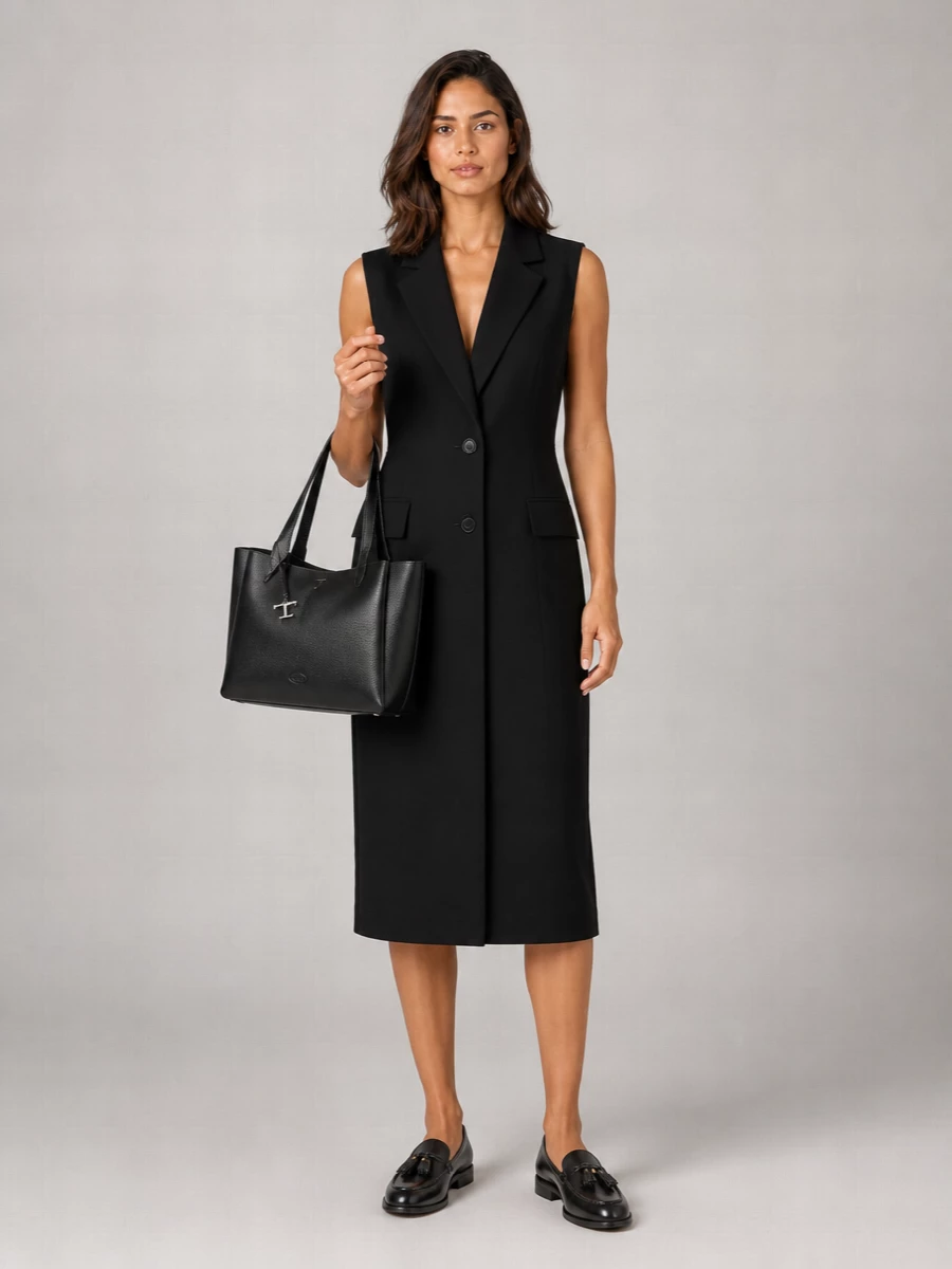 This is a pared back, sharply tailored column built around Balenciaga’s sleeveless midi shift, with the Tod’s tote echoing its structure and polish in deep black. The Church’s tassel loafers keep the silhouette long and refined while slightly softening the formality, perfect for days when you want boardroom presence without a heel. I chose the dress route over separates to maintain a single uninterrupted line that really lets the sculpted tote and low-key accessories read as considered rather than busy.