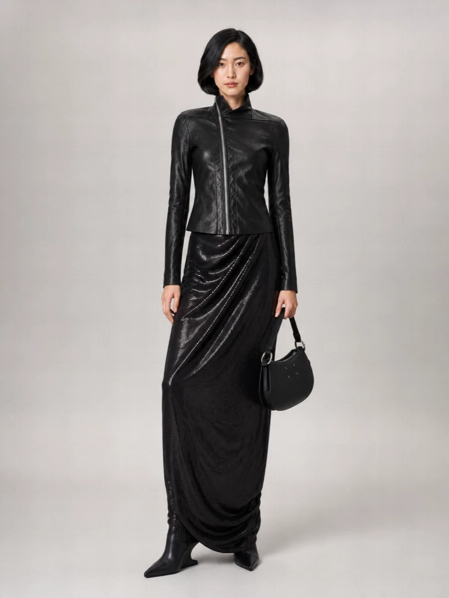 Rick Owens Leather High-Neck Asymmetric-Zip Jacket