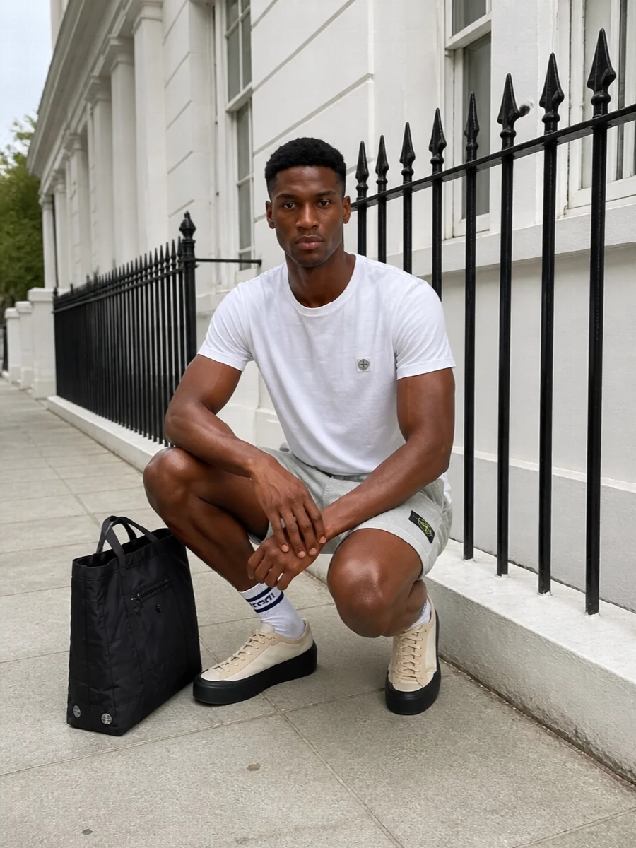 Stone island white tee grey shorts sneakers