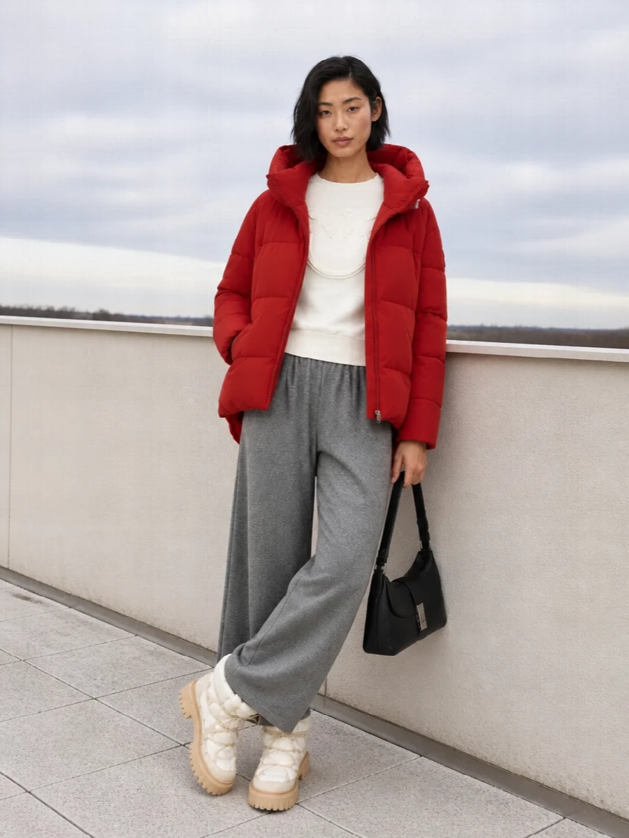 Pinko red parka wide leg trousers winter boots