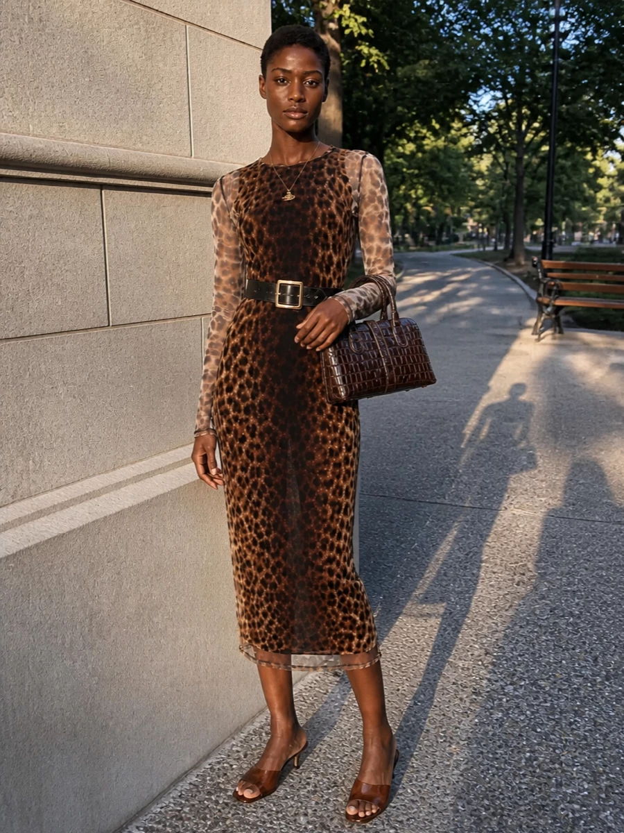Sportmax leopard midi dress brown heels bag
