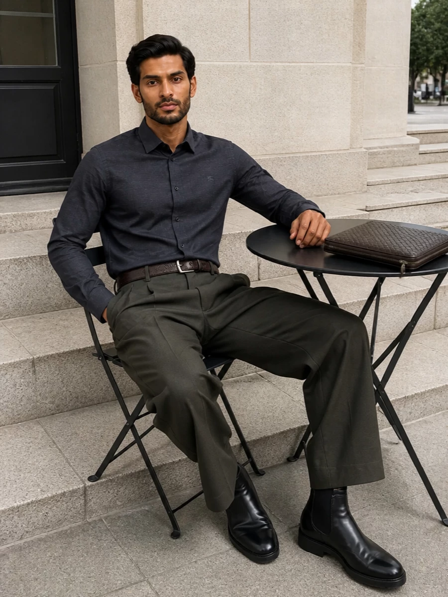 Burberry wide leg trousers charcoal shirt outfit