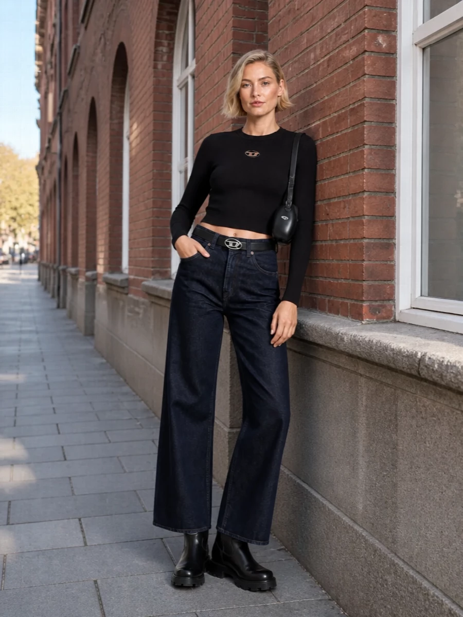 Diesel wide leg jeans black crop top boots