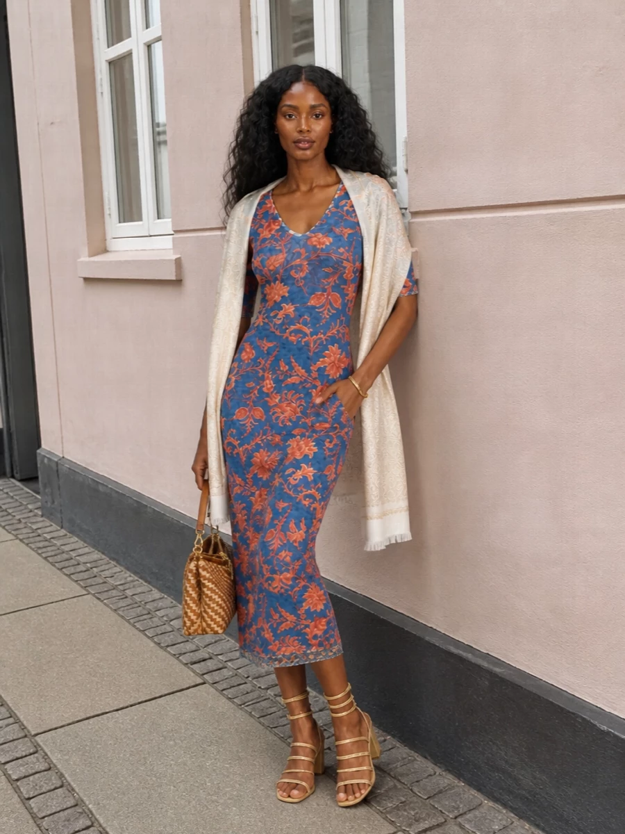 Etro floral midi dress gold sandals raffia bag
