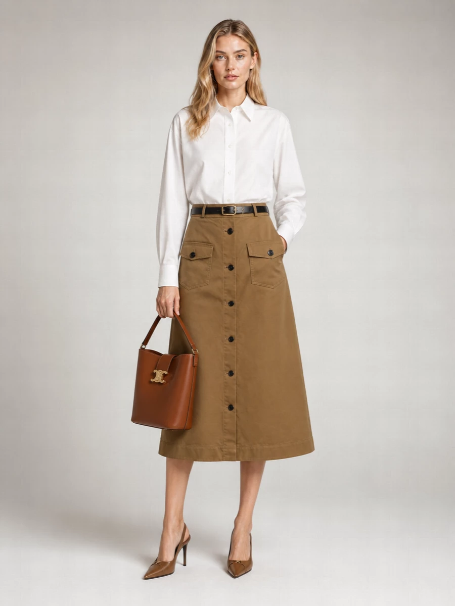 Saint Laurent Cotton Button-Front Midi A-Line Skirt