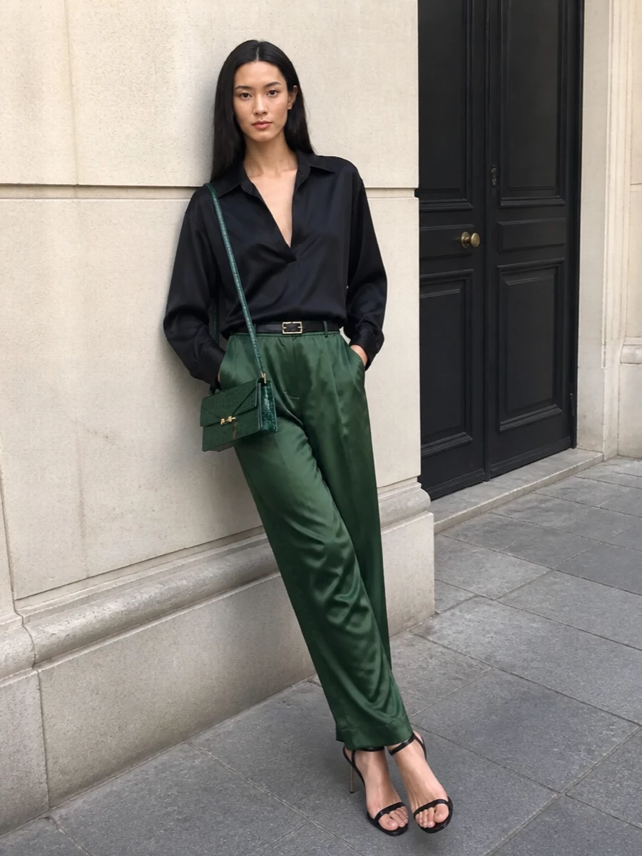 Forest green satin trousers black satin shirt outfit