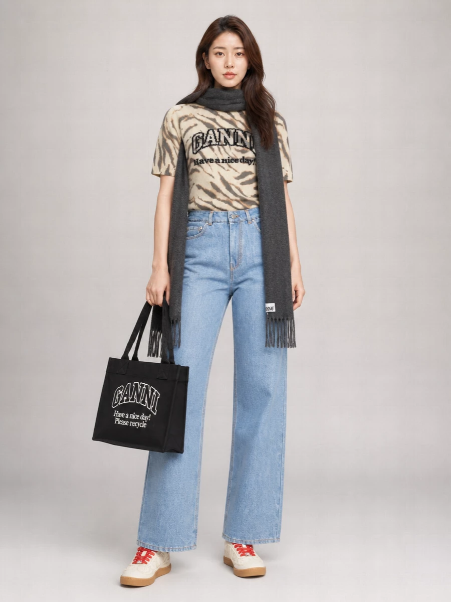Ganni Wool Logo Intarsia Striped T-Shirt