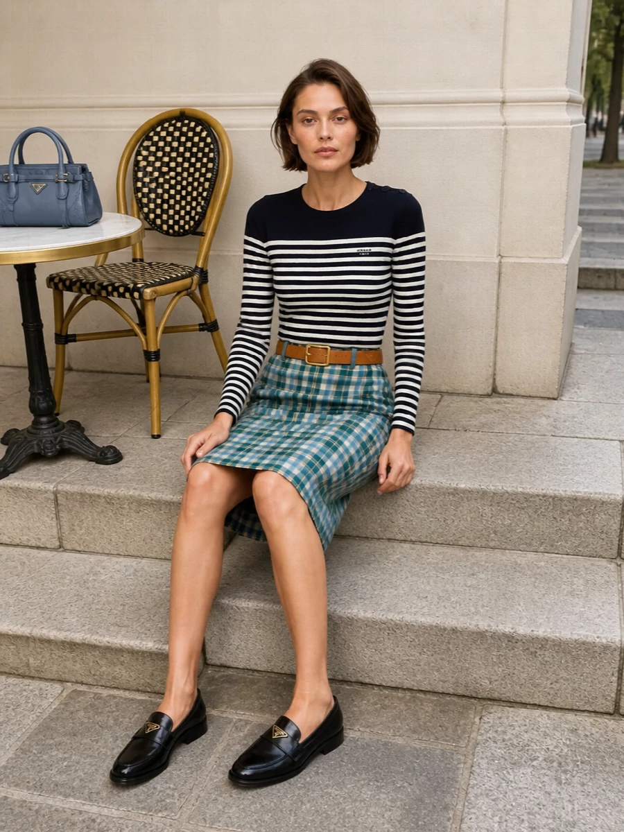 Prada checked skirt striped knit loafers outfit