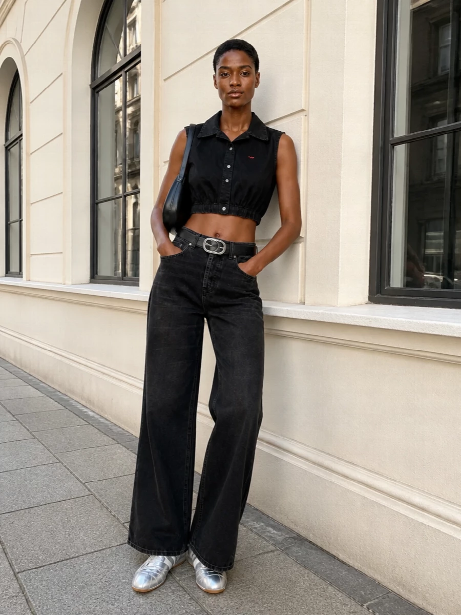 Diesel black cropped vest wide leg jeans outfit