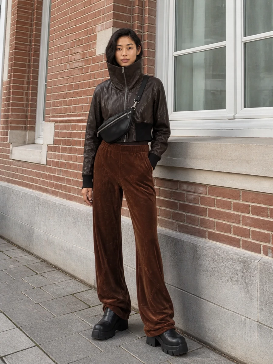 Rick owens brown jacket velvet wide leg pants