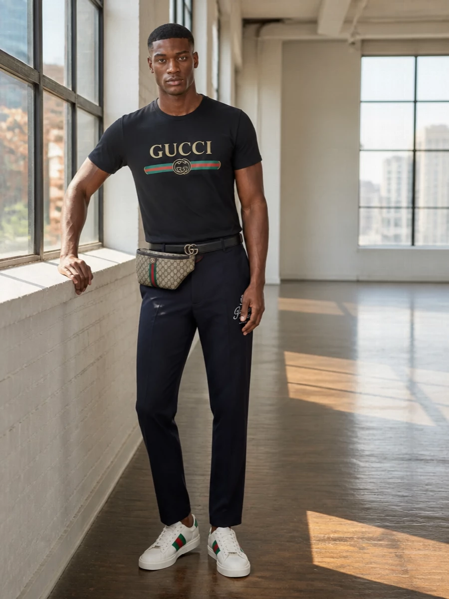 Gucci logo tee navy trousers sneakers outfit