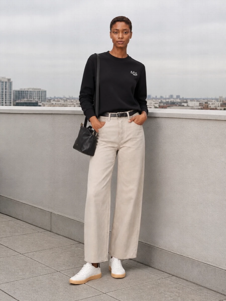 Apc black sweatshirt beige wide leg trousers