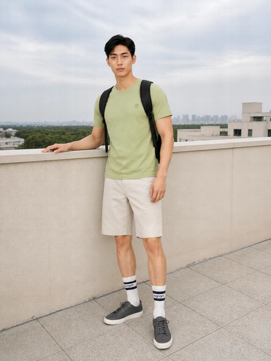 Timberland green tee beige cargo shorts outfit