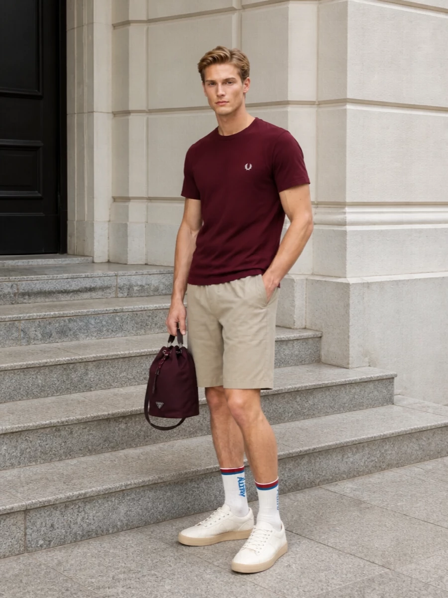 Fred perry burgundy tee sand shorts outfit