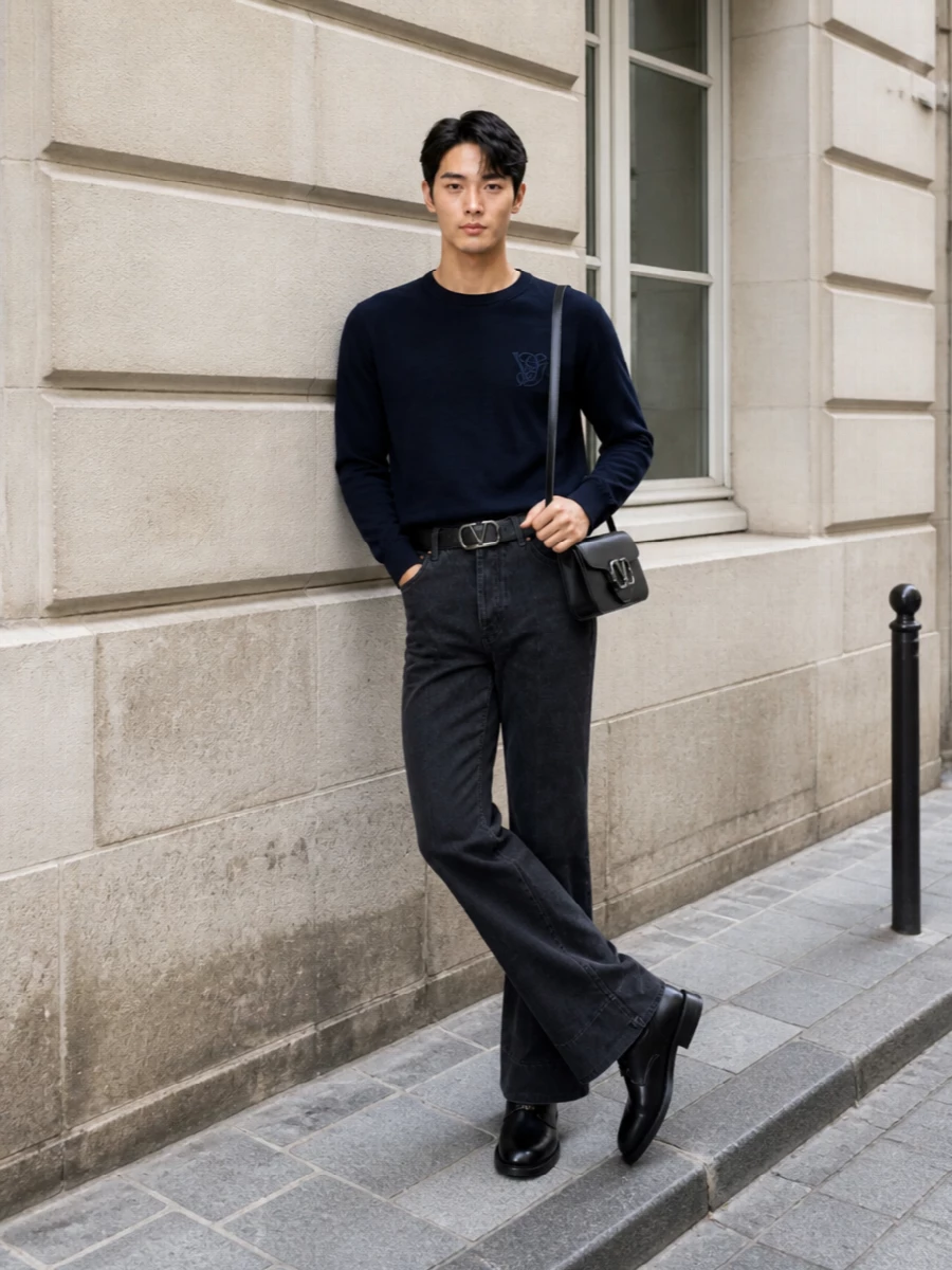 This look builds on the trouser-cut charcoal flares with a midnight-navy fine-gauge crew-neck, creating a streamlined, quietly luxurious FW uniform. Black Valentino derbies, a slim black VLogo shoulder bag and a sharp logo belt finish it with tailored precision that feels equally right for gallery evenings or polished city dinners. The palette stays deep and tonal, letting silhouette and texture do the talking rather than overt branding or colour contrasts.