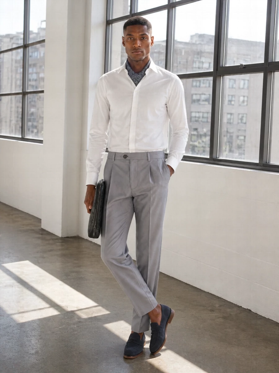 Brunello cucinelli white shirt grey chinos outfit
