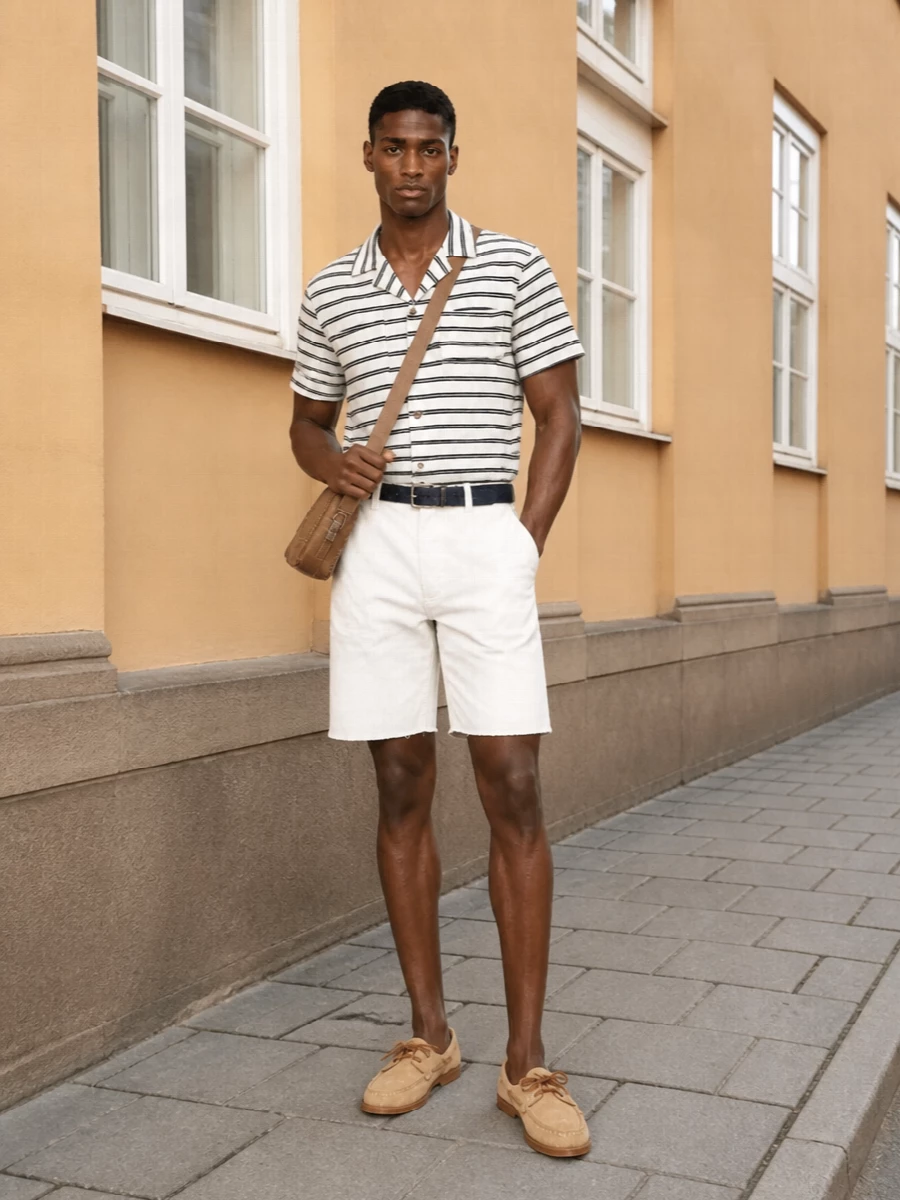 Off-white Polo Ralph Lauren chino shorts meet a softly striped camp shirt for a clean, coastal preppy base. Sand suede boat shoes and a tan crossbody keep the palette sun-faded and relaxed, while a navy belt quietly sharpens the waist. It is an easy warm-weather uniform that works for terrace lunches, harbor walks and low-key city afternoons alike.