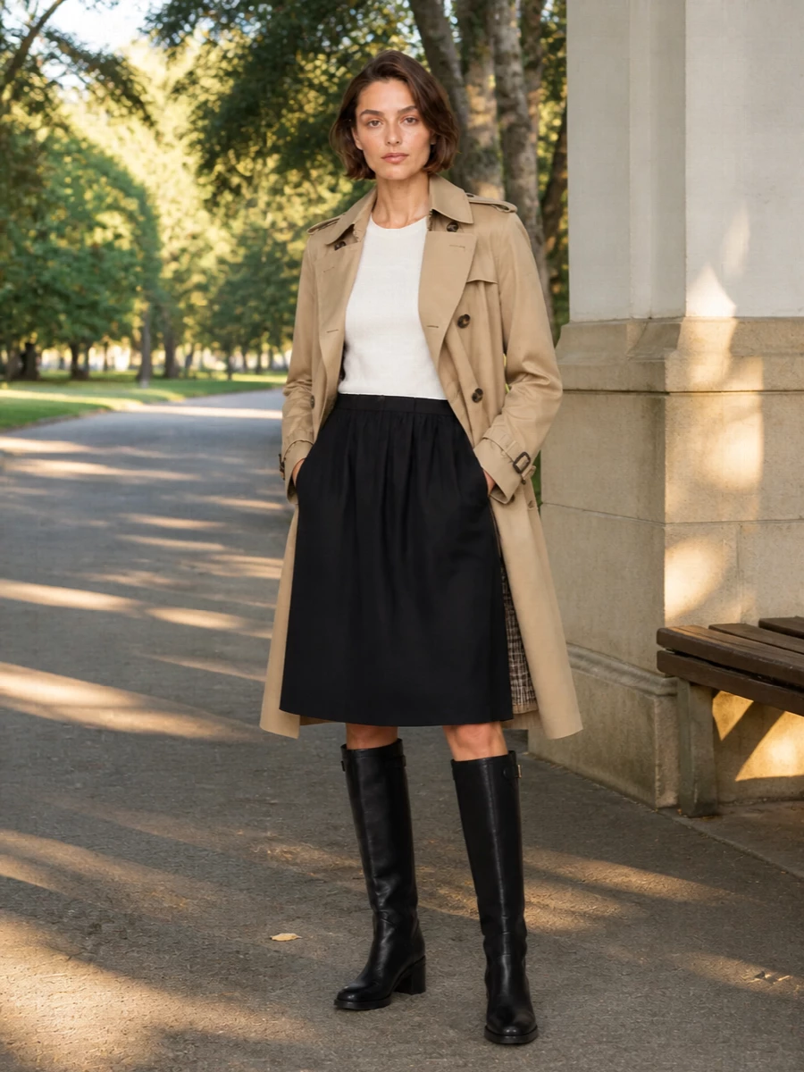 I’m styling the trench over the Totême two-tone dress so the coat’s heritage beige and check lining frame a clean black-and-ivory column rather than competing with another tailored suit. The black knee boots and taupe‑and‑black shoulder bag keep the palette tight and polished, reading quietly preppy and city-ready for client days that turn into dinner. It feels like true quiet luxury: nothing flashy, just considered proportions and a clear neutral story anchored by the Burberry trench.