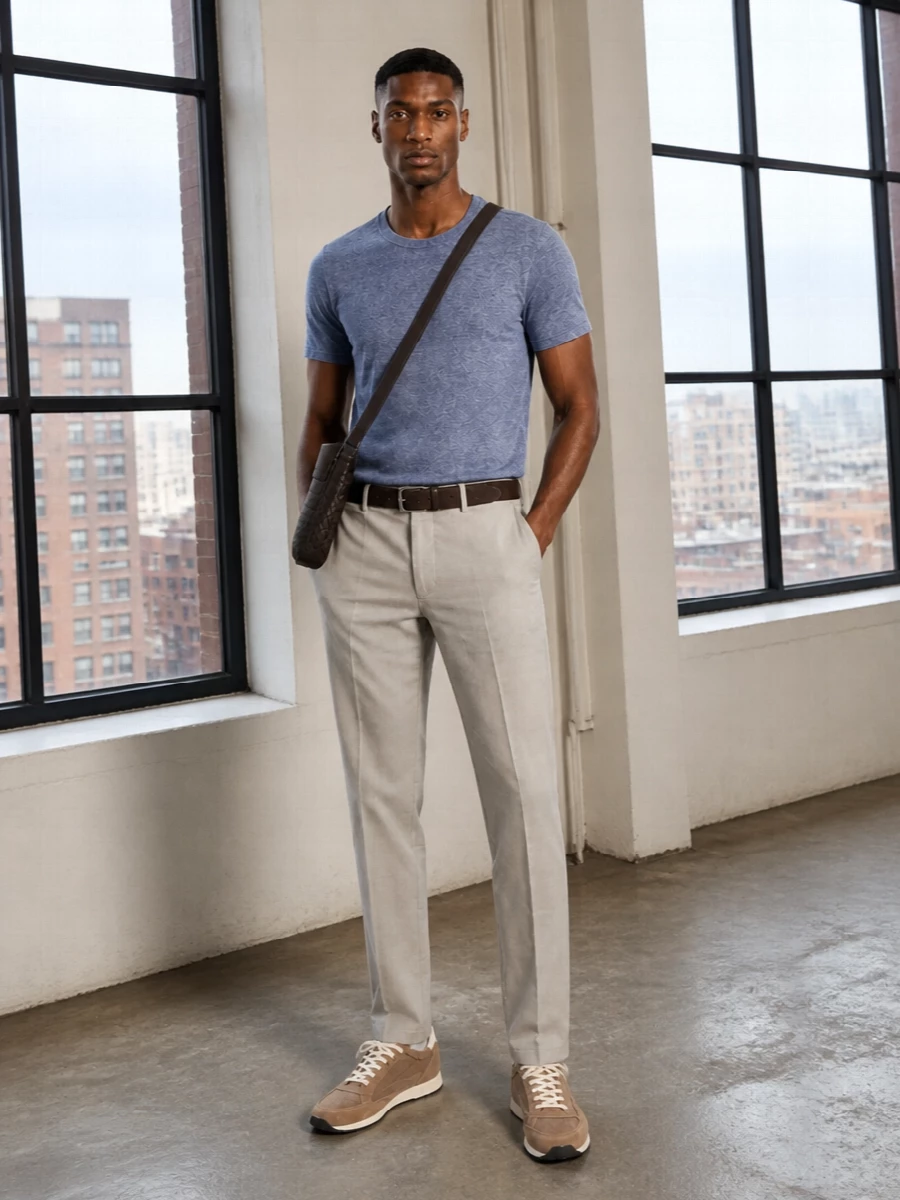 Heathered blue and stone beige work together here to create a calm, precise take on casual dressing. Straight-leg trousers sharpen the easy tee, while taupe sneakers and a dark suede belt keep everything quietly aligned. The crescent crossbody introduces a single, sculptural note without disturbing the soft, neutral palette.