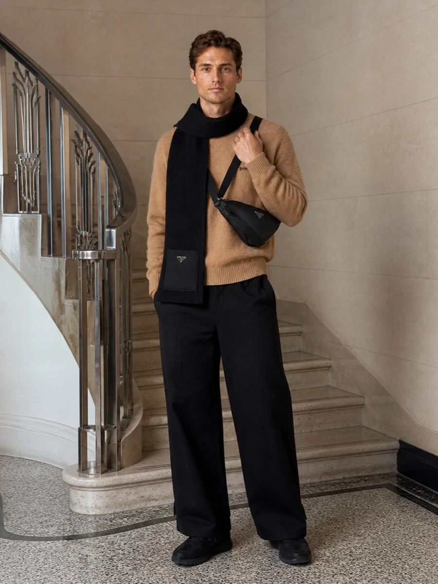Palm angels camel sweater black wide trousers