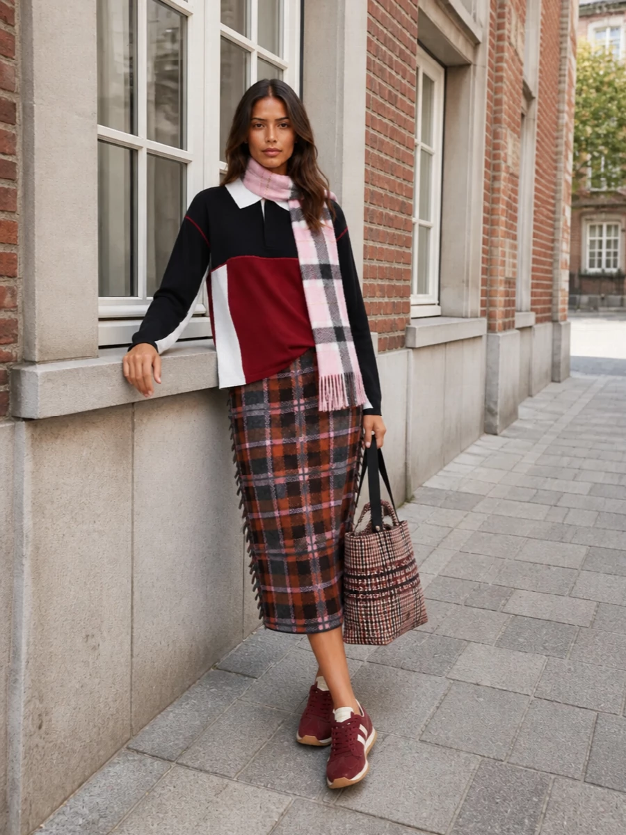 A graphic rugby knit meets a heritage plaid midi for a take on prep that feels grown up rather than collegiate. The high waist and slim skirt line keep the bolder colors controlled, while burgundy runners and a tweed tote keep everything in the relaxed, quietly luxurious daywear space. It is the kind of outfit that works from studio days to casual dinners without changing a piece.